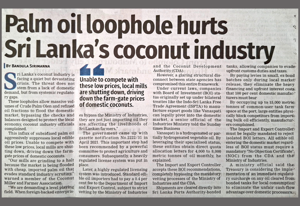 How Policy Gaps in Palm Oil Imports are Impacting Sri Lankan Coconut Growers